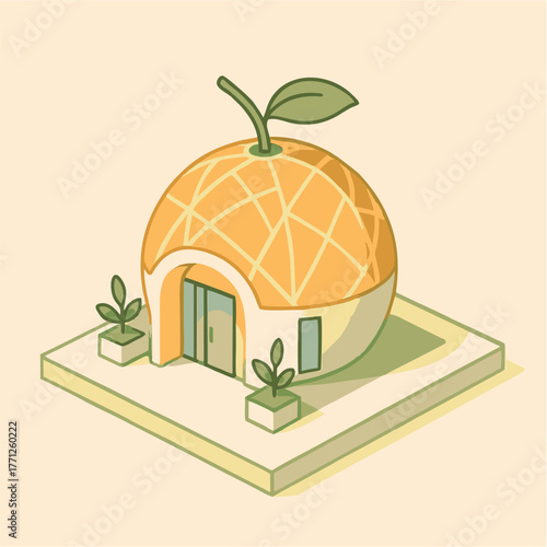 Autumn illustration of a cartoon orange fruit and an orange house with fall leaves and a pumpkin for a healthy season harvest holiday design