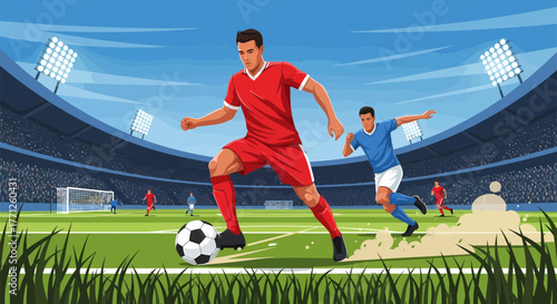 Soccer player dribbling the ball with focus and determination on the field.