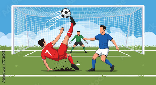 Soccer player kicking ball with acrobatic skill during match competition.