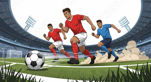 Soccer players sprinting towards the ball on the green field.