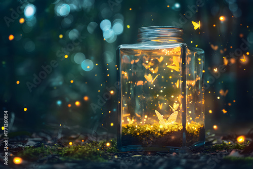 Captivating Jar of Enchanted Butterflies Glowing in a Mysterious Forest Setting