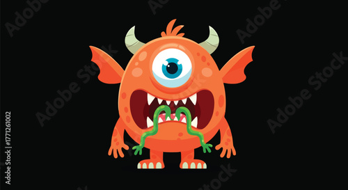 Funny orange oneeyed monster with horns and wings eating green worms