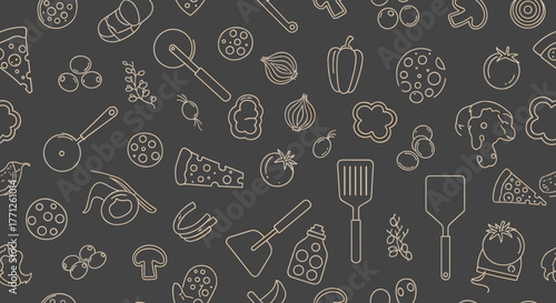 Italian pizza and ingredients. Italian food menu design template. Pizzeria menu design template. Vintage hand drawn sketch vector illustration. Engraved image.