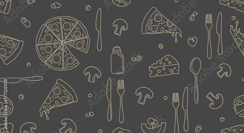 Italian pizza and ingredients. Italian food menu design template. Pizzeria menu design template. Vintage hand drawn sketch vector illustration. Engraved image.