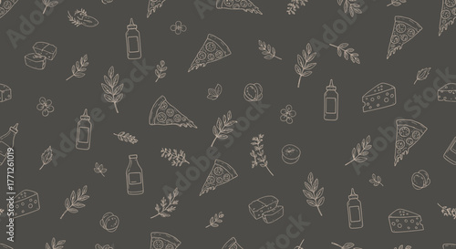 Italian pizza and ingredients. Italian food menu design template. Pizzeria menu design template. Vintage hand drawn sketch vector illustration. Engraved image.