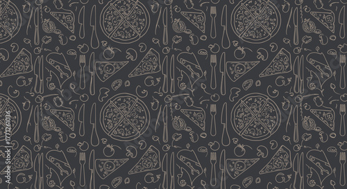 Italian pizza and ingredients. Italian food menu design template. Pizzeria menu design template. Vintage hand drawn sketch vector illustration. Engraved image.