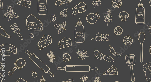 Italian pizza and ingredients. Italian food menu design template. Pizzeria menu design template. Vintage hand drawn sketch vector illustration. Engraved image.