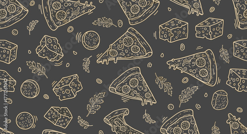 Italian pizza and ingredients. Italian food menu design template. Pizzeria menu design template. Vintage hand drawn sketch vector illustration. Engraved image.