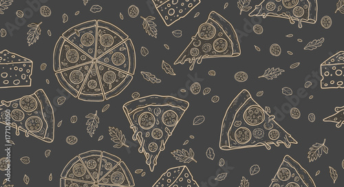 Italian pizza and ingredients. Italian food menu design template. Pizzeria menu design template. Vintage hand drawn sketch vector illustration. Engraved image.