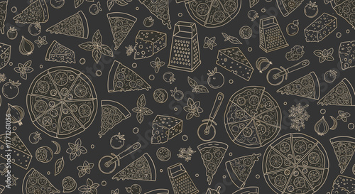 Italian pizza and ingredients. Italian food menu design template. Pizzeria menu design template. Vintage hand drawn sketch vector illustration. Engraved image.