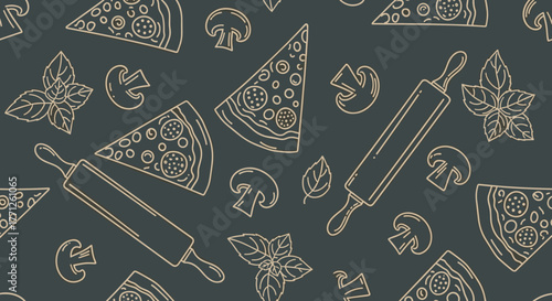 Italian pizza and ingredients. Italian food menu design template. Pizzeria menu design template. Vintage hand drawn sketch vector illustration. Engraved image.