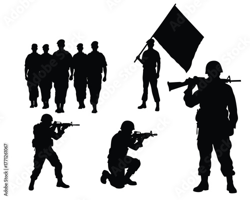 Military Soldiers and Army Forces Silhouette Set including War, Defense, Flag, and Combat Action Vector