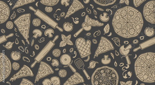 Italian pizza and ingredients. Italian food menu design template. Pizzeria menu design template. Vintage hand drawn sketch vector illustration. Engraved image.