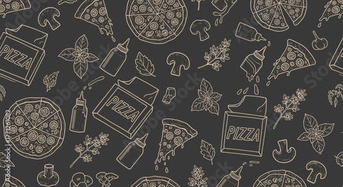 Italian pizza and ingredients. Italian food menu design template. Pizzeria menu design template. Vintage hand drawn sketch vector illustration. Engraved image.