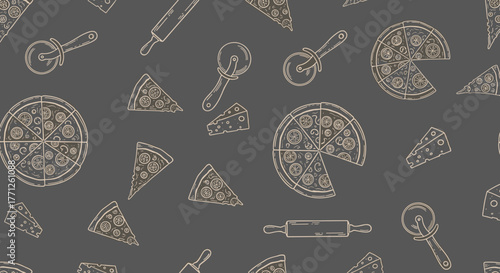 Italian pizza and ingredients. Italian food menu design template. Pizzeria menu design template. Vintage hand drawn sketch vector illustration. Engraved image.