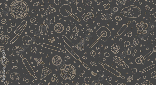 Italian pizza and ingredients. Italian food menu design template. Pizzeria menu design template. Vintage hand drawn sketch vector illustration. Engraved image.