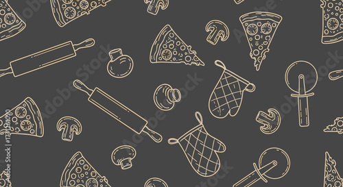 Italian pizza and ingredients. Italian food menu design template. Pizzeria menu design template. Vintage hand drawn sketch vector illustration. Engraved image.