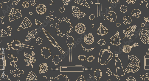 Italian pizza and ingredients. Italian food menu design template. Pizzeria menu design template. Vintage hand drawn sketch vector illustration. Engraved image.