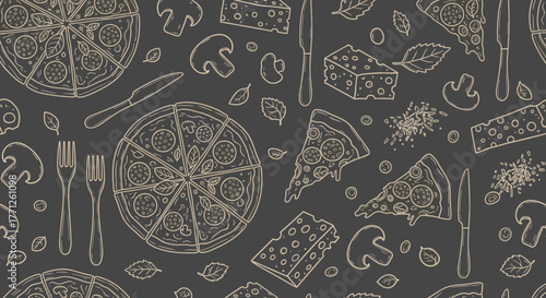 Italian pizza and ingredients. Italian food menu design template. Pizzeria menu design template. Vintage hand drawn sketch vector illustration. Engraved image.