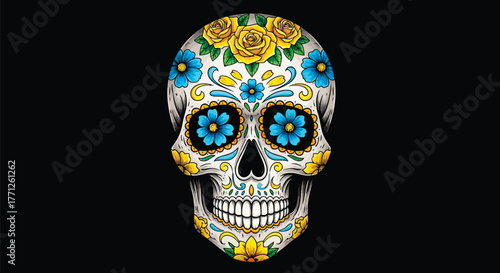 Decorated skull with colorful floral patterns, day of the dead style