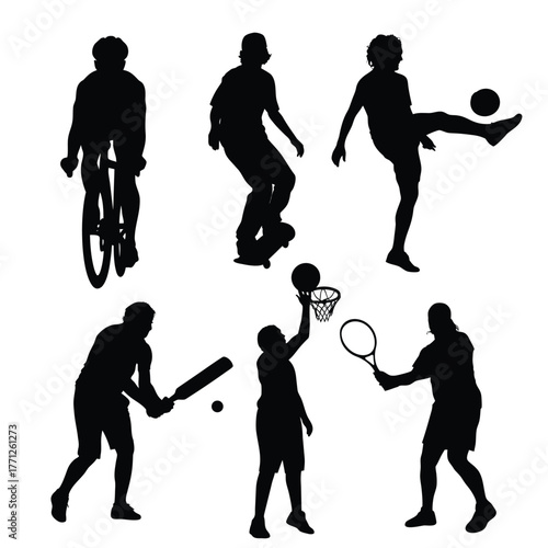 Outdoor Leisure Sports Silhouette Set including Soccer, Basketball, Tennis, Cricket, Unicycle, and Skateboard