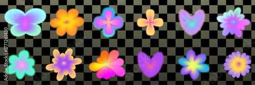 Soft gradient flower in y2k style with dreamy blur aura. Abstract flower shape y2k, gentle gradient tones and blur mesh vector element effect.
