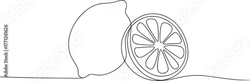 Minimalist line drawing of a whole and sliced lemon citrus fruit
