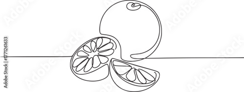 Minimalist line drawing of a whole and sliced orange citrus fruit