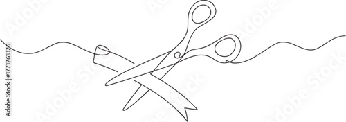 Scissors cutting ribbon line art vector