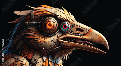Steampunk bird head with mechanical parts and intricate details