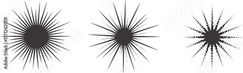 Three dark starburst graphic elements abstract black and white
