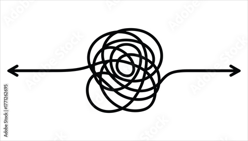 Black tangled line with arrows on white background representing complexity and direction chaos