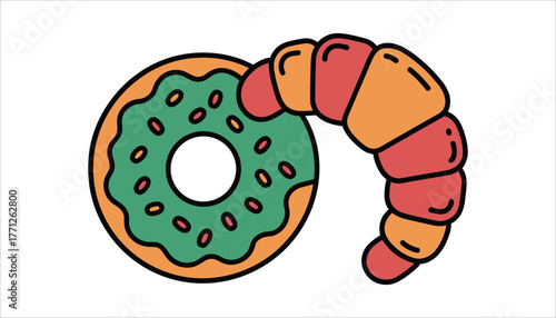 Green iced donut with sprinkles next to a croissant illustration pastry baked goods