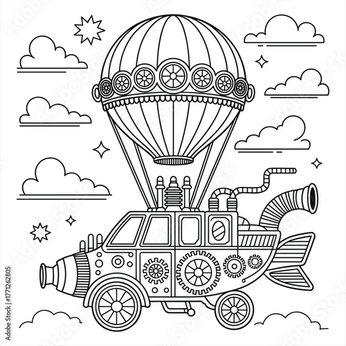 Intricate Steampunk Hot Air Balloon Vehicle Coloring Book Design For Creative Adults and Children Seeking Imaginative Artistic Expression And Relaxation Through Detailed Line Art,  Coloring page 