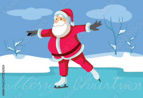 Santa Claus Ice Skating Wishing Merry Christmas Vector Illustration. Cheerful Santa doing winter sports on ice feeling carefree
