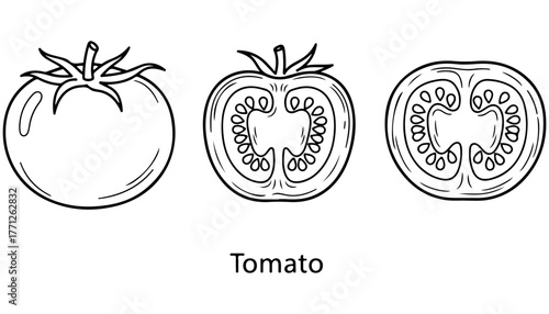 Detailed black and white illustration of whole and sliced tomatoes, showcasing their internal structure.