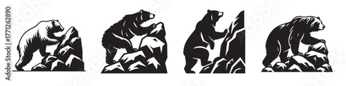 Bear Climbing Rocks Illustration: A Detailed Black and White Image.