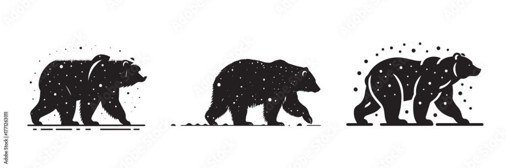 Obraz premium Three black bear silhouettes with star patterns and white background.