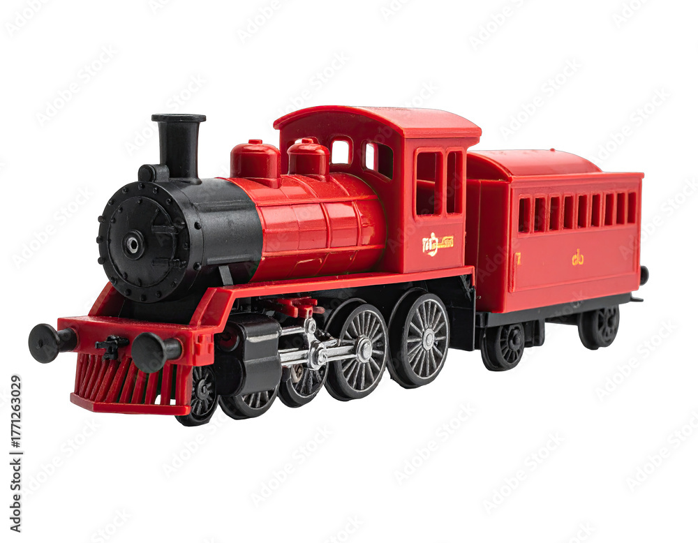 Obraz premium Red toy steam train with tender, black details, and wheels