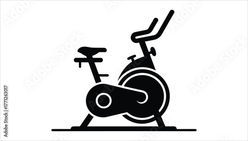 Black silhouette of an exercise bike with handlebars seat and wheel on a white background stationary bike