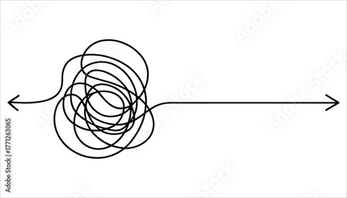 Black tangled arrow line on white background representing complexity and direction vector
