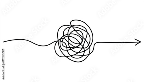 Black tangled line transforming into a straight arrow on white background messy