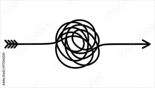 Black arrow passing through a tangled mess of black lines on a white background messy