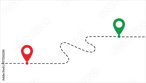 Red and green map pin markers connected by a dashed line path on a white background location marker destination