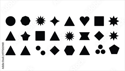 Collection of black geometric shapes and symbols on a white background circle octagon