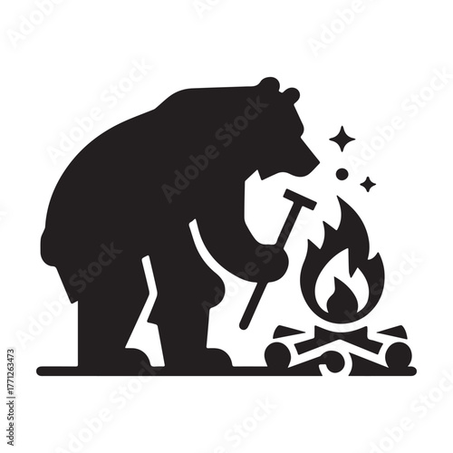 Bear building campfire in the wilderness silhouette illustration.