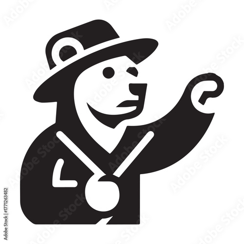 Bear in a hat pointing with a serious expression.