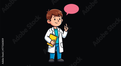 Cartoon doctor holding a book and a pen with a speech bubble above his head