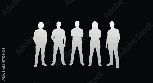 Group of five people standing with arms crossed against a