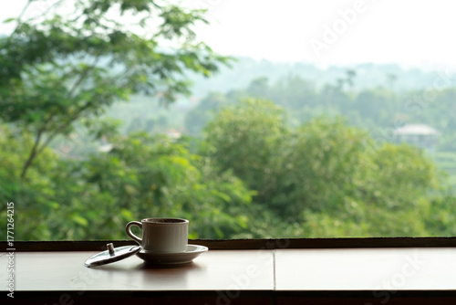 A white coffee cup and saucer sit on a wooden table by a window, with the lid beside them. A blurred, green landscape of trees is visible outside.